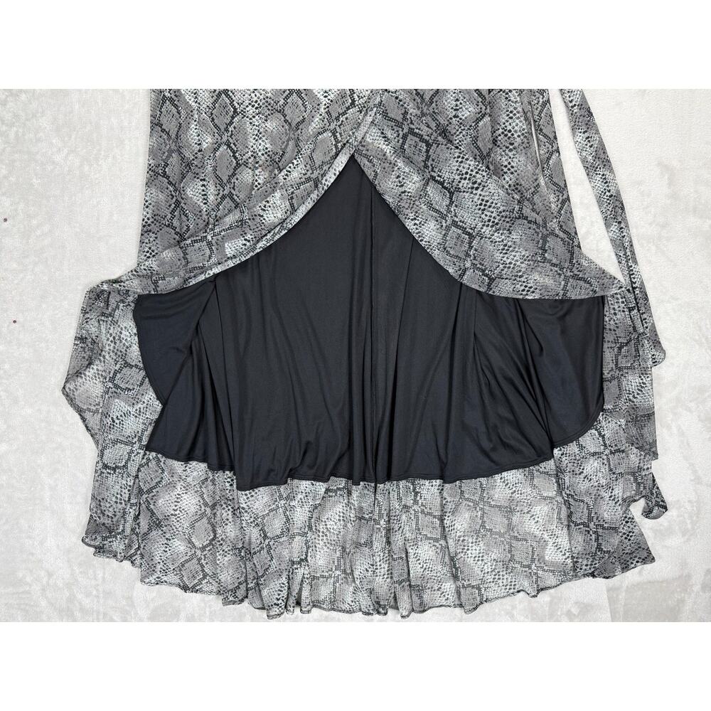 Betsey Johnson Snake Print Wrap Dress 16W Gray Black Hi Low Ruffle Hem Sheer - Picture 5 of 9